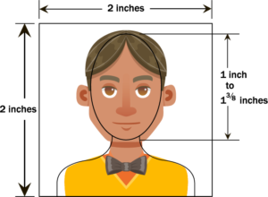 Diagram of a square, 2-inch by 2-inch passport-style photo. A cartoon person is centered in the frame. Arrows show required measurements: the full image is 2 inches wide and 2 inches tall, and the head height—from top of hair to bottom of chin—must measure between 1 inch and 1⅜ inches.