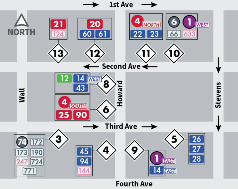 A map of alternate boarding bays in downtown spokane, to be used during Bloomsday