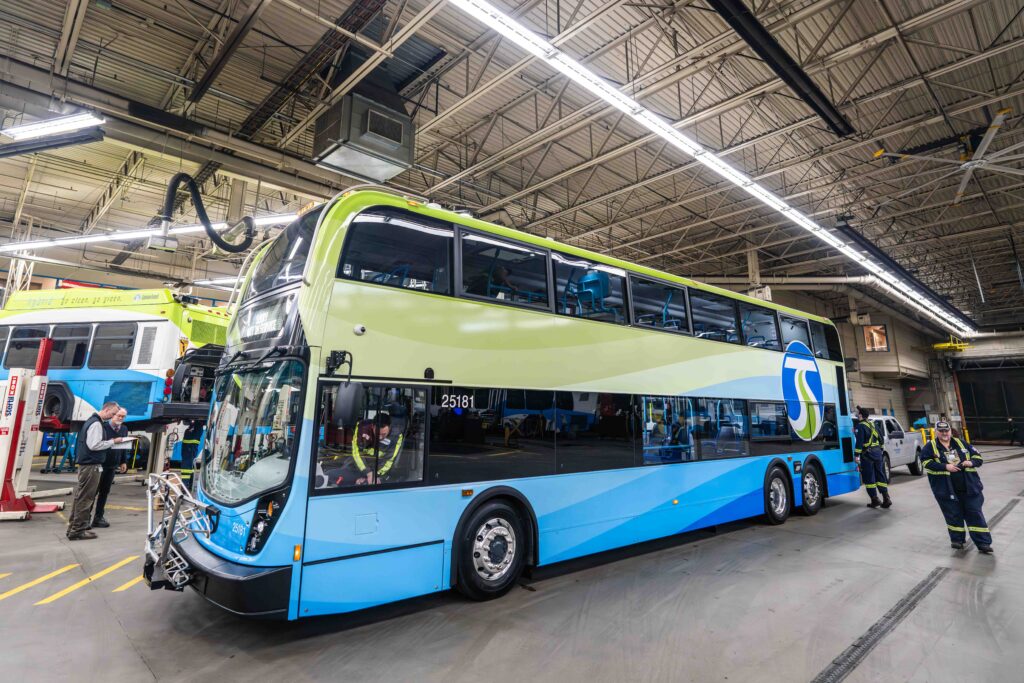 STA double decker bus in maintenance garage.