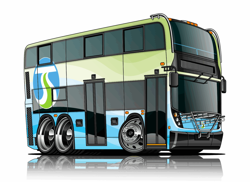 Cartoon double-decker bus with oversized wheels in blue, green, and white.