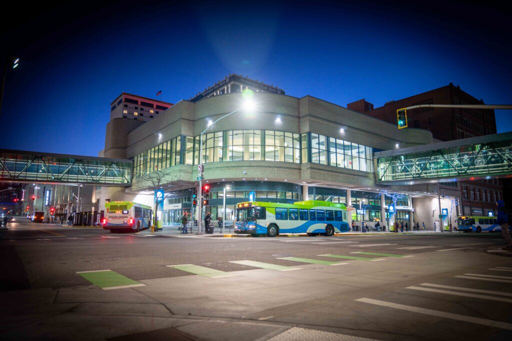 STA Plaza at dusk.