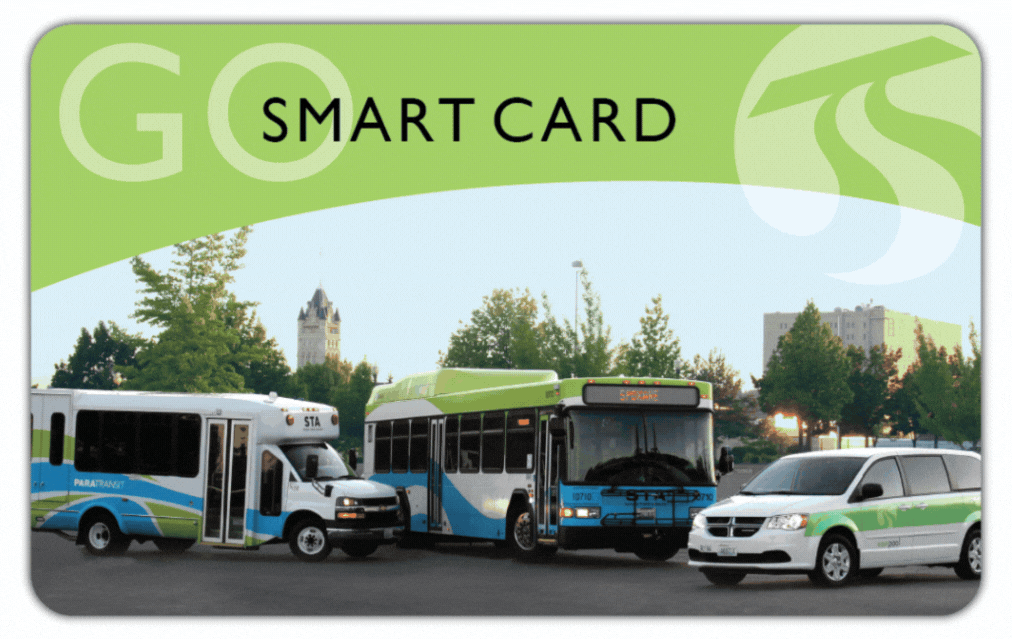 Green Go Smart Card featuring bus, shuttle, and van imagery with trees and clock tower in background.