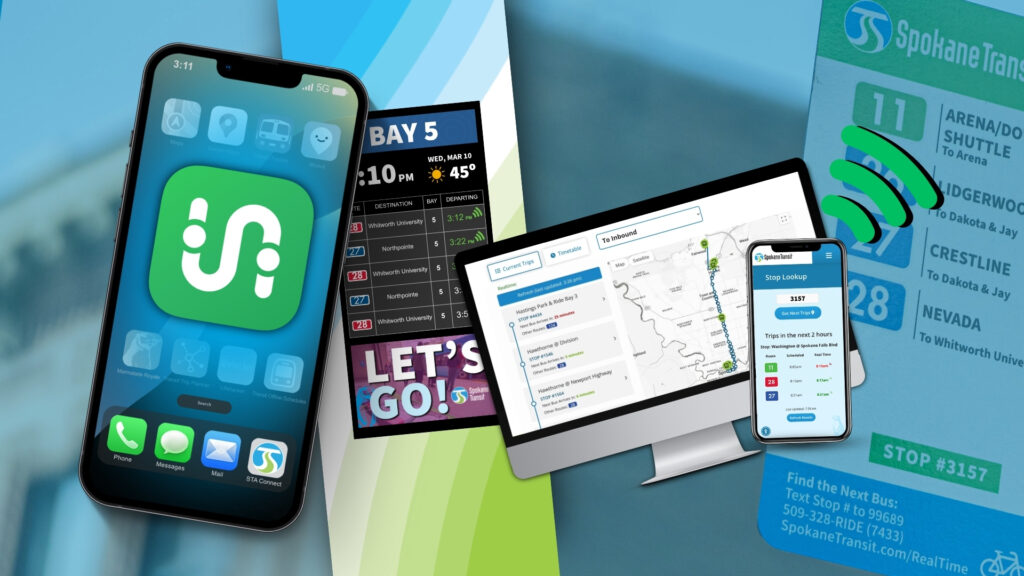 Phones, computer, transit app, digital signs, and Spokane Transit bus stop schedule sign.