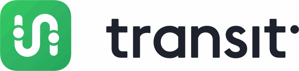 Green square logo with white transit symbol beside the word "transit" in bold black lowercase letters.