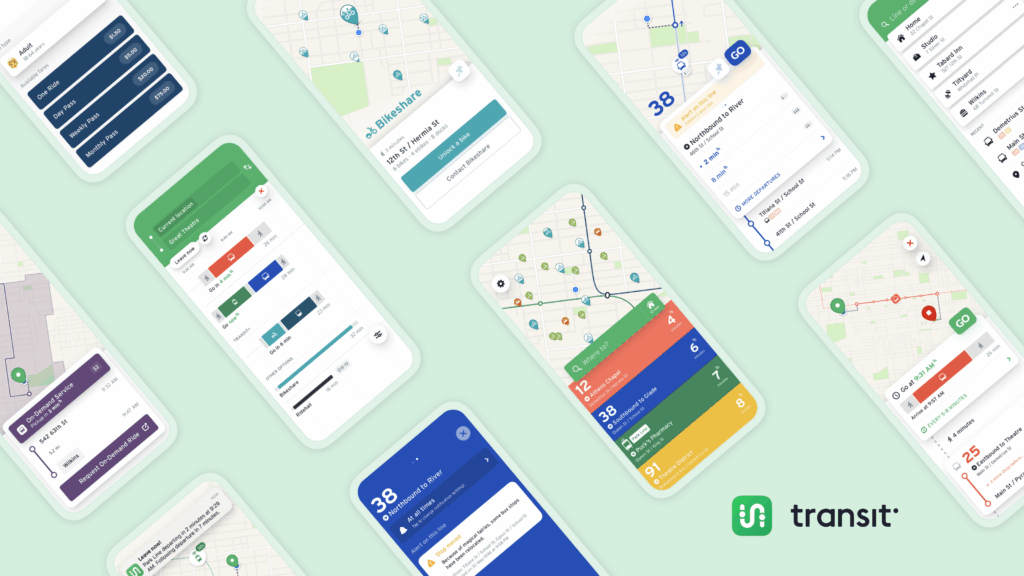 Smartphones show a transit app featuring maps, routes, and schedules.