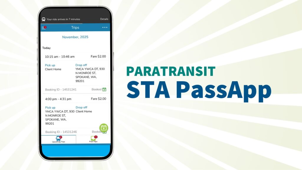 Smartphone showing Paratransit STA PassApp trip details.