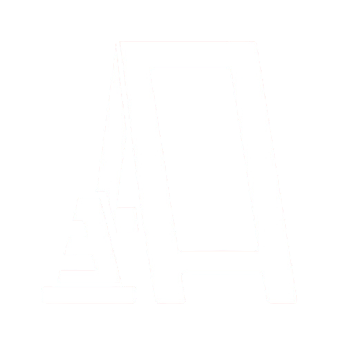 White silhouette of an A-frame temporary bus top sign and construction cone.
