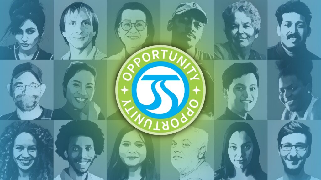 Faces of diverse individuals encircle a blue-green “Opportunity” logo.
