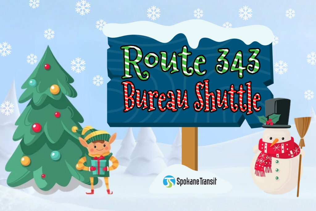 A winter scene with a sign that reads, "Route 343 Bureau Shuttle" with an elf, snowman, and Christmas tree.