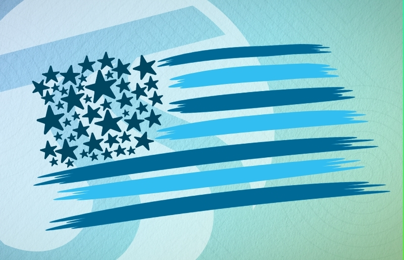 Stylized American flag with star cluster and blue brushstroke stripes on a light blue textured background.