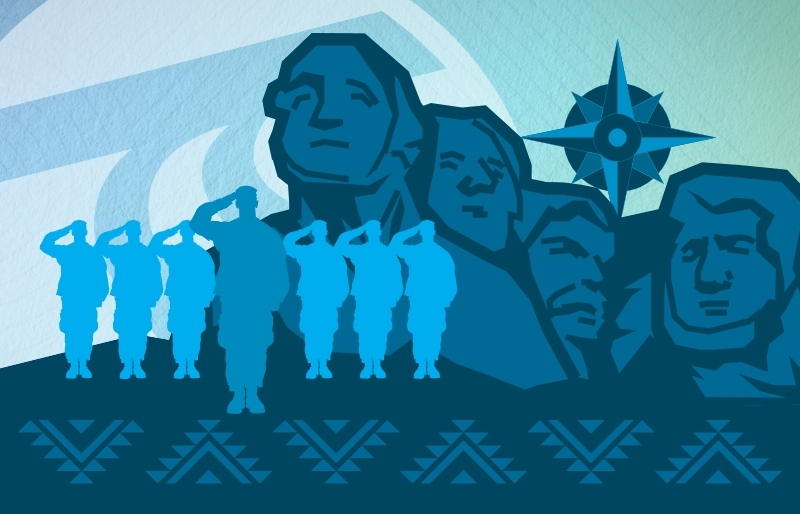 In silhouettes and shades of blue, people are saluting, visuals of Mount Rushmore, a compass, and tribal graphic sit in front of the STA icon.