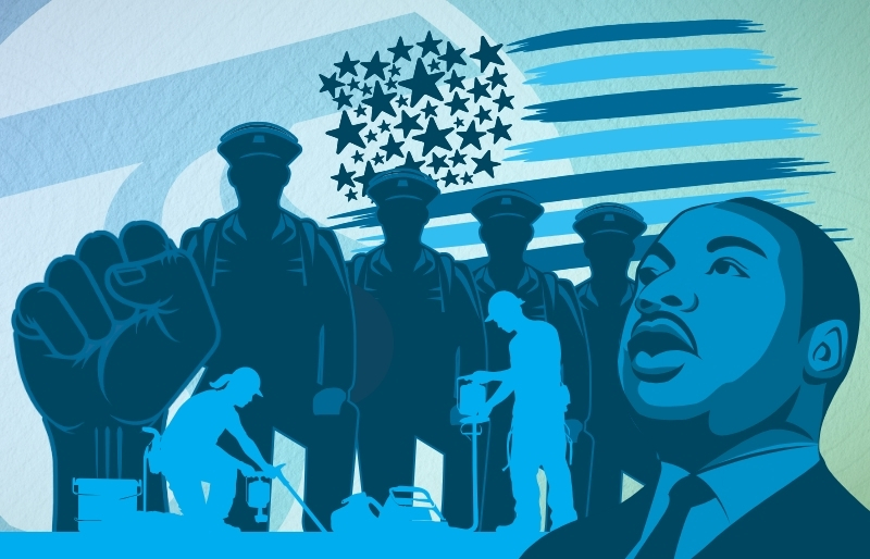 In silhouettes and shades of blue, Martin Luther King Jr., labor workers, veterans kneeling, a raised fist, and an American flag sit in front of the STA icon.