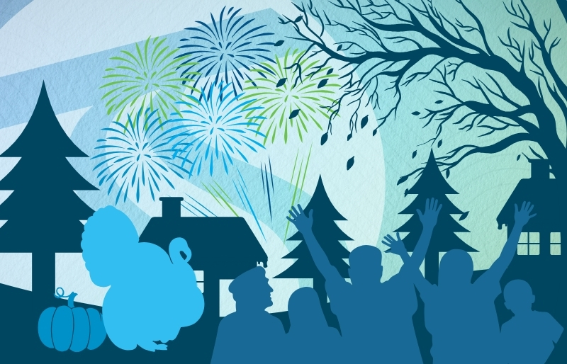 In silhouettes and shades of blue, people cheer for fireworks, turkey and pumpkins, and Christmas trees and houses sit in front of the STA icon.