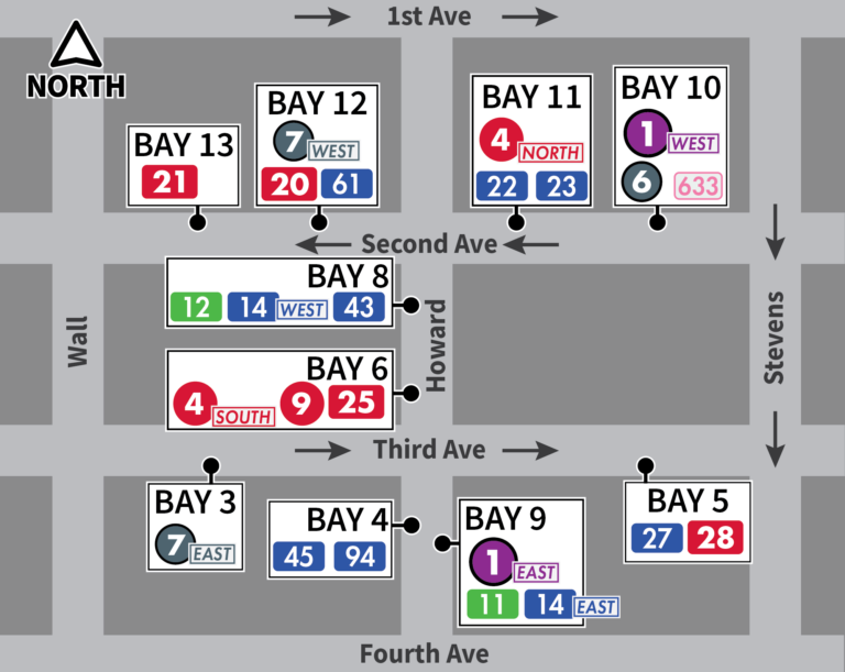 Alternate Bay map with bus bay numbers, routes, and nearby streets from 1st to 4th Ave, Wall to Stevens.