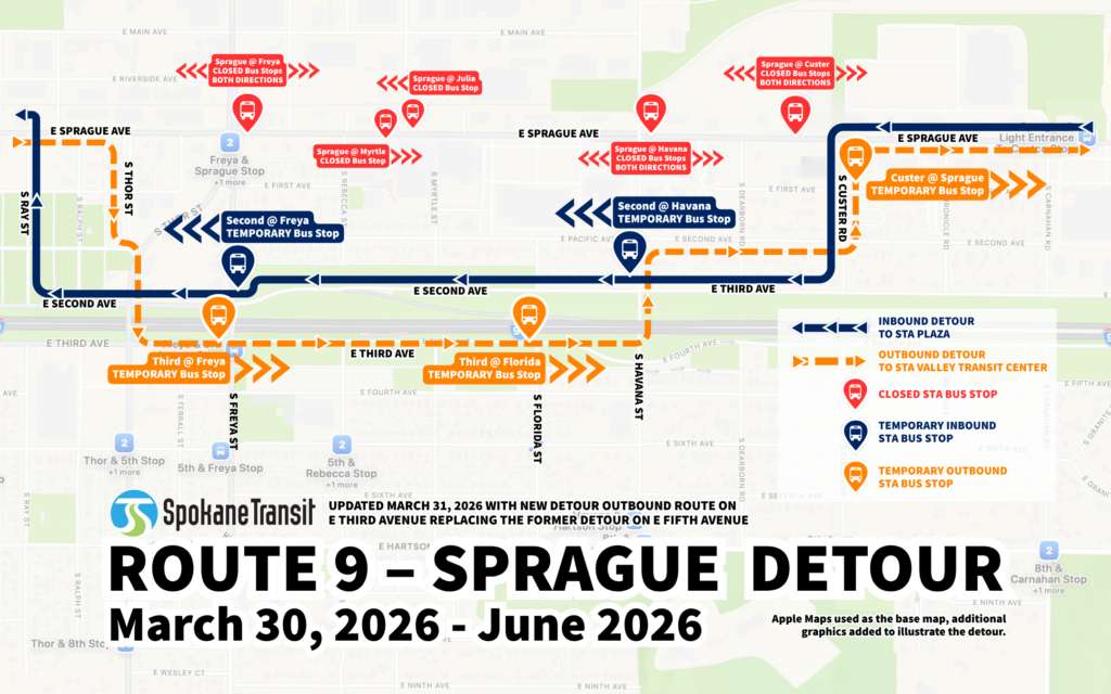 An updated map (March 31, 2026) of STA's Route 9-Sprague detour from lasting through to June 2026. Detour map accessibility available at the link in post.