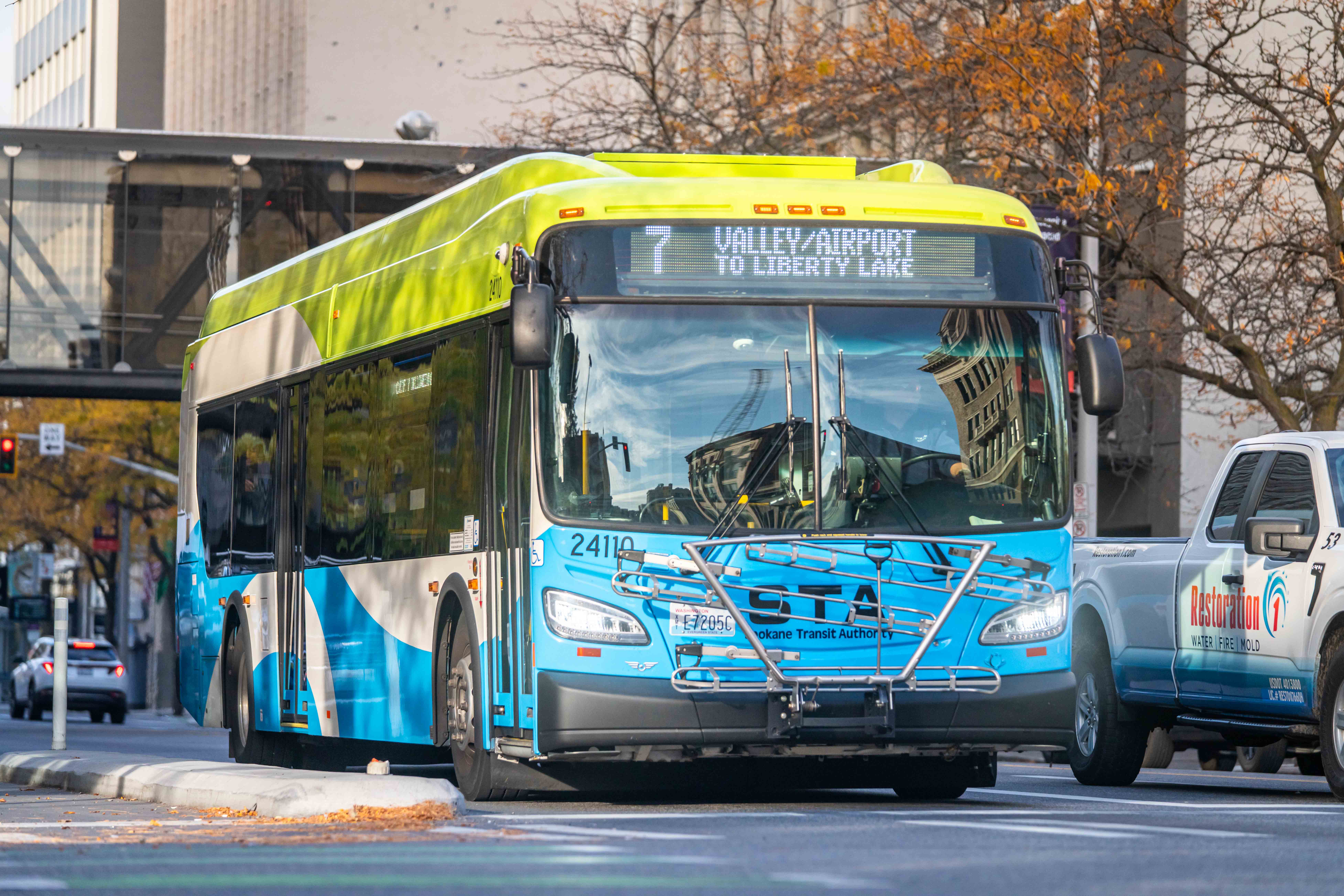 Route 7-Valley/Airport bus travels through downtown Spokane toward Liberty Lake, WA.
