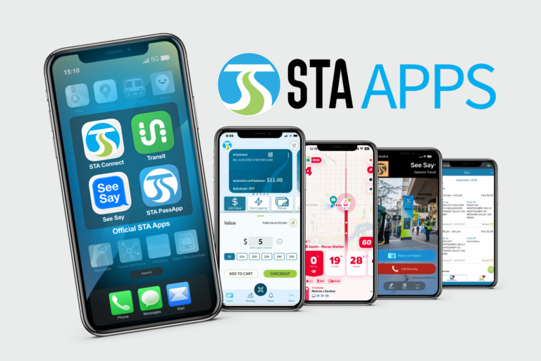 Image with screenshots of STA Connect, Transit App, See Say, and STA PassApp.