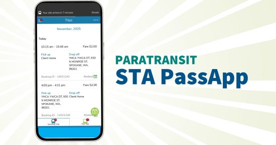 Smartphone showing Paratransit STA PassApp trip details.