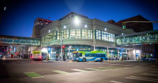 STA Plaza at dusk.