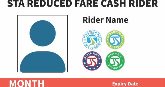 Reduced fare ID template with blank photo area, rider name, multiple logos, and fields for month and expiry date.