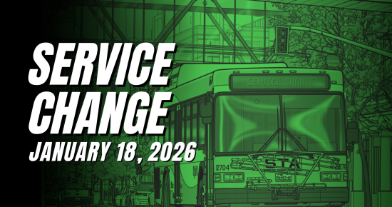 STA bus with green tint and text: Service Change January 18, 2026.