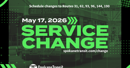 Text reads: Schedule changes to Routes 31, 62, 93, 96, 144, 190. May 17, 2026 Service Change.