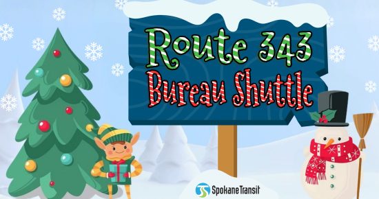 A winter scene with a sign that reads, "Route 343 Bureau Shuttle" with an elf, snowman, and Christmas tree.