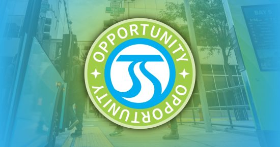 STA Opportunity Reduced Fare pilot program icon placed over an image of people boarding a bus at STA Plaza.