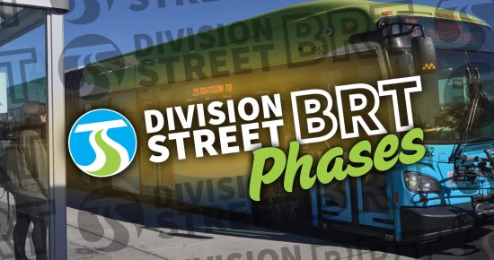 A green and blue bus at a stop with the text "Division Street BRT Phases" overlayed.