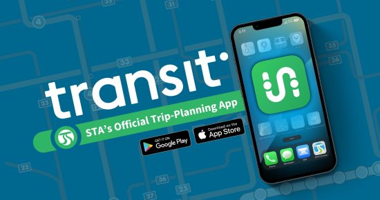 Transit app logo promoted as “STA’s Official Trip-Planning App" displayed on a smartphone, with Google Play and Apple App store icons shown on top of an STA system map.
